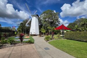Large white windmill at Amaze World.